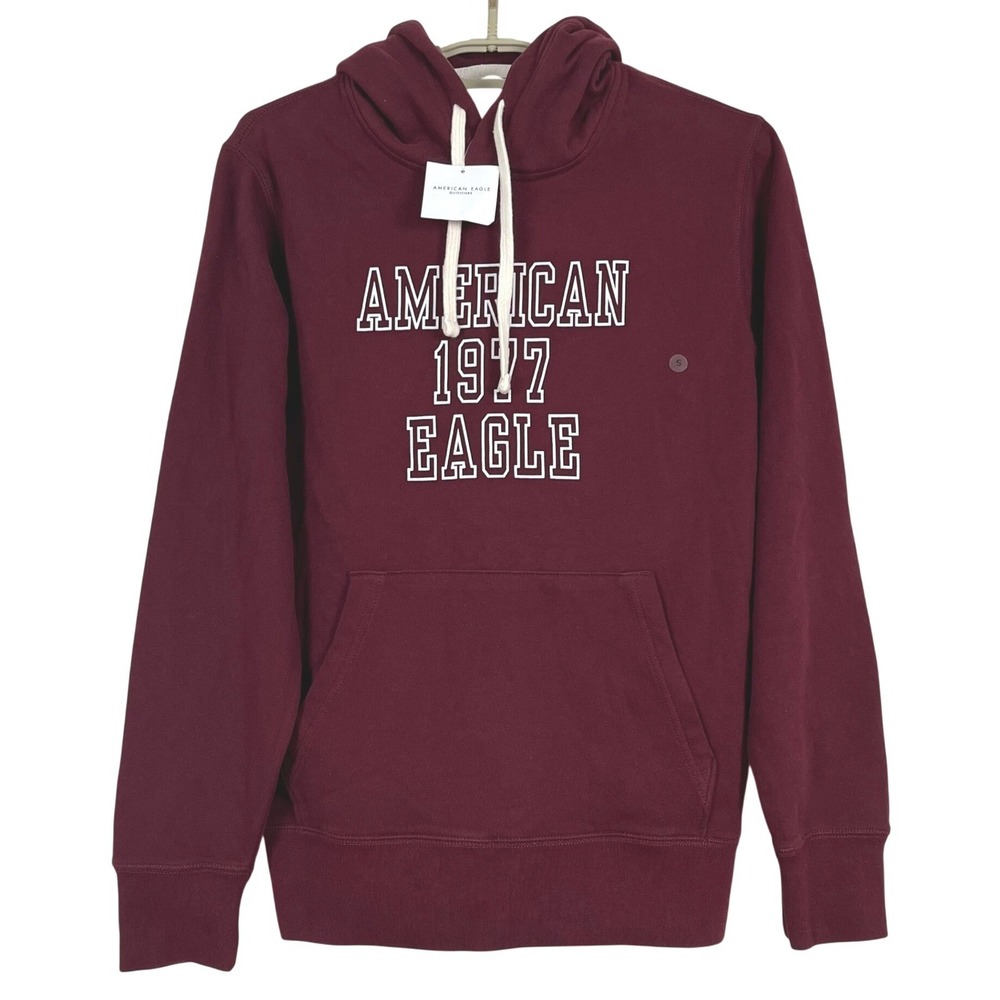 NWT American Eagle Men Super Soft Hoodie S Burgundy Maroon 1977 Graphic Pullover